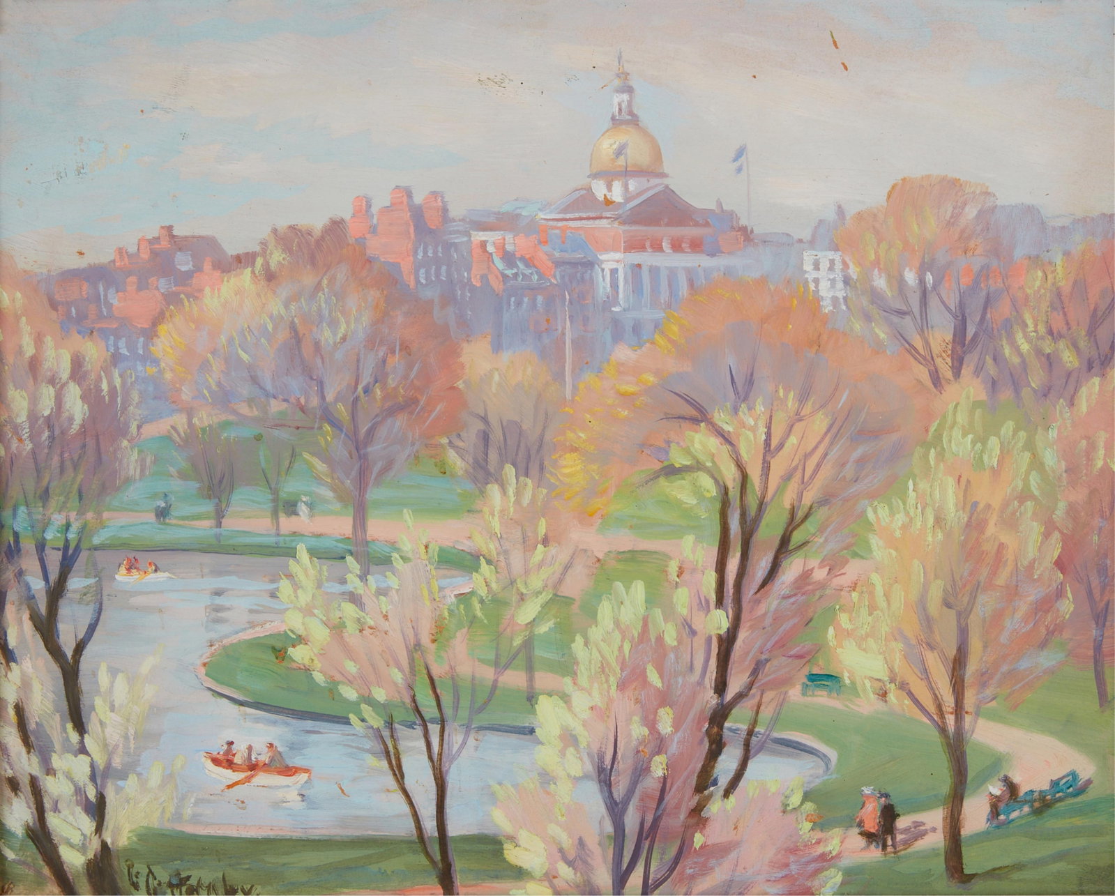 Lester George Hornby (American, 1882-1956), The State House from the Public Garden, oil on board, 13: Lester George Hornby American 1882-1956 The State House from the Public Garden oil on board signed lower left L.G. Hornby 13 x 16in (33 x 40.5cm)
