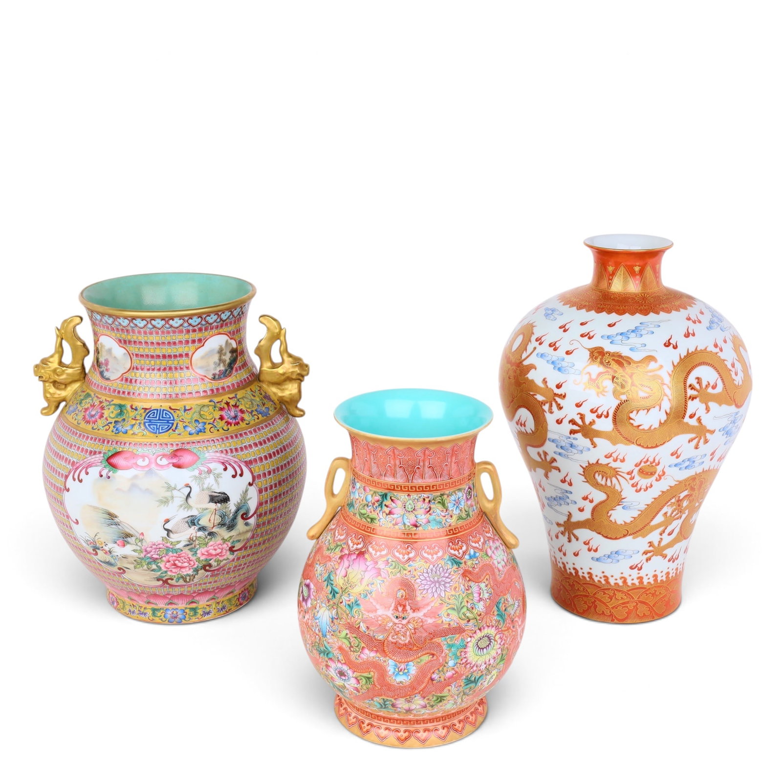 A group of three Chinese porcelain vases: A group of three Chinese porcelain vases Tallest: height 15 x diameter 10 in. (38.1 x 25.4 cm.)