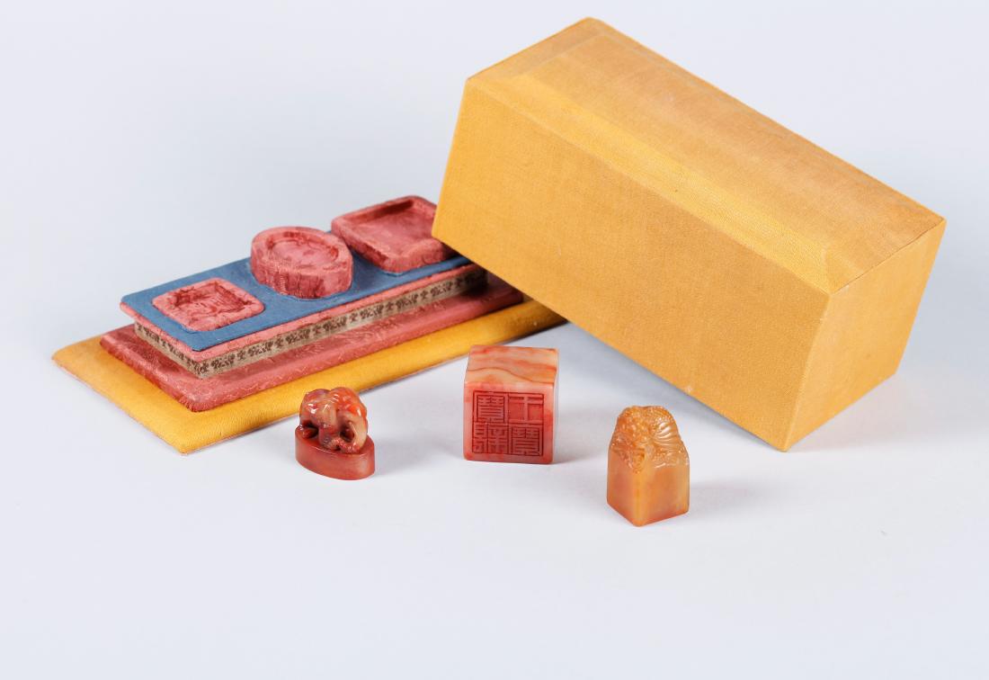 A GROUP OF THREE CHINESE SOAPSTONE SEALS, QING DYNASTY (1 of 10)