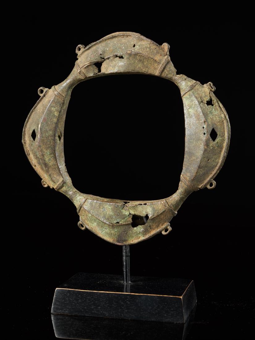 Brass Dance Rattle for ceremonial dances - Yoruba,: Ijebu-ode Brass Dance Rattle for ceremonial dances. Made of old yellow cast-alloy (brass/bronze), executed with â€˜waste mouldâ€™ casting. Each features four faces and four bells. With good u
