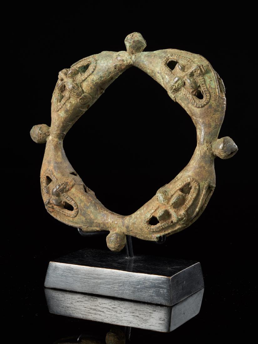 Brass Dance Rattle for ceremonial dances - Yoruba,: Ijebu-ode Brass Dance Rattle for ceremonial dances. Made of old yellow cast-alloy (brass/bronze), executed with â€˜waste mouldâ€™ casting. Each features four faces and four bells. With good u