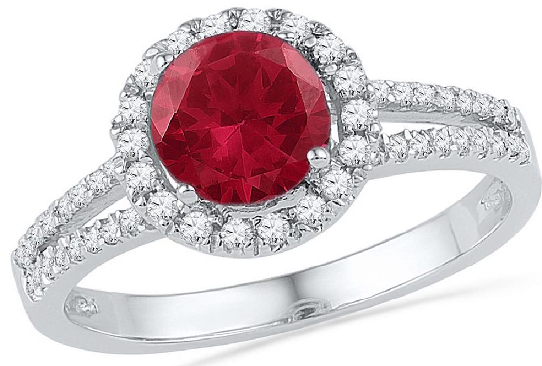 10kt White Gold Womens Round Lab-Created Ruby Solitaire: 10kt White Gold Womens Round Lab-Created Ruby Solitaire Diamond Halo Ring 1-5/8 Cttw **|**|** 10kt White Gold Womens Round Lab-Created Ruby Solitaire Diamond Halo Ring 1-5/8 Cttw 100452 #1AC45367