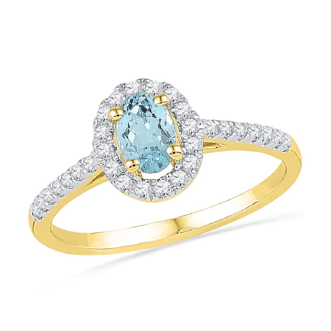 10kt Yellow Gold Womens Oval Lab-Created Aquamarine Sol: 10kt Yellow Gold Womens Oval Lab-Created Aquamarine Solitaire Diamond Ring 1/5 Cttw **|**|** 10kt Yellow Gold Womens Oval Lab-Created Aquamarine Solitaire Diamond Ring 1/5 Cttw #1AC44413