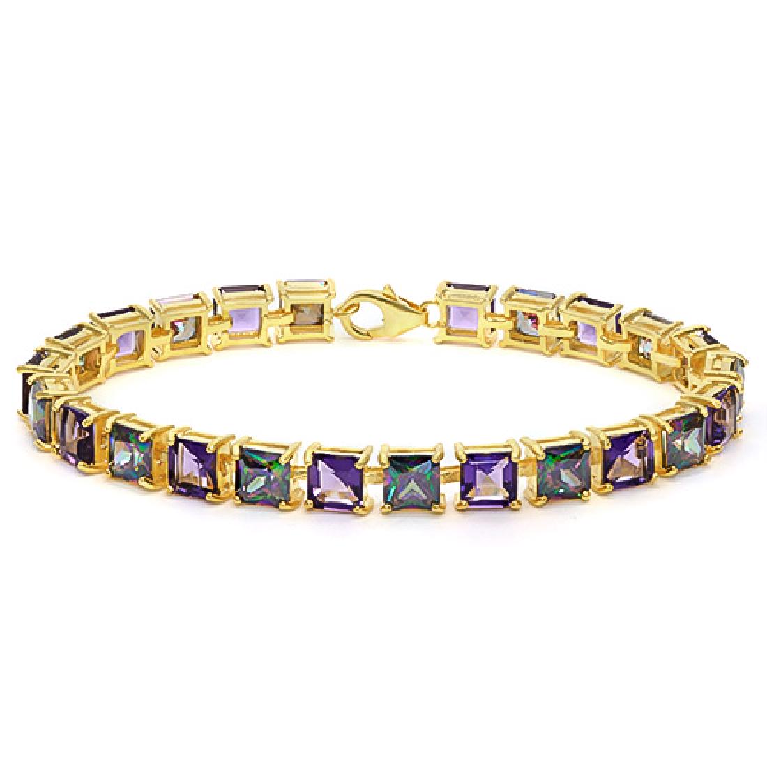 12.05 CT CREATED AMETHYST AND 12.05 CT CREATED MYSTICS: 12.05 CT CREATED AMETHYST AND 12.05 CT CREATED MYSTICS 925 STERLING SILVER TENNIS BRACELET WITH GOLD PLATED IN SQUARE SHAPE **|**|** 12.05 CT CREATED AMETHYST AND 12.05 CT CREATED MYSTICS 925 STERLING
