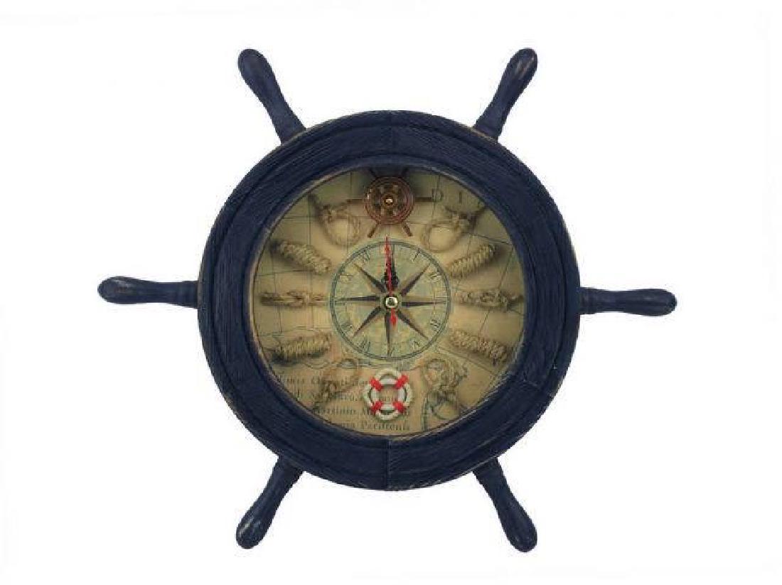 Wooden Rustic Dark Blue Ship Wheel Knot Faced Clock 12i: Wooden Rustic Dark Blue Ship Wheel Knot Faced Clock 12in. **|**|** The Wooden Rustic Dark Blue Ship Wheel Knot Faced Clock 12in. is one of our most popular decortive clocks.?Classy and functional this