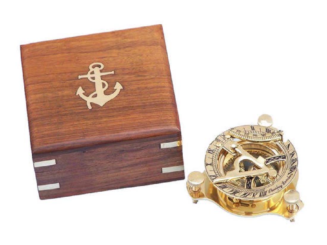 Solid Brass Captains Triangle Sundial Compass w/ Rosewo: Solid Brass Captains Triangle Sundial Compass w/ Rosewood Box 3in. **|**|** This is a beautiful Hampton Nautical solid brass round sundial compass. The top of the sundial is hinged and a curved scale