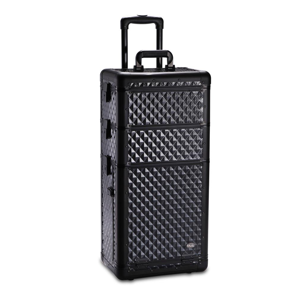 ROLLING MAKEUP TRAIN CASE W/ 4 WHEELS AND DIVIDERS: ROLLING MAKEUP TRAIN CASE W/ 4 WHEELS AND DIVIDERS **|**|** Made of high quality aluminum construction with reinforced steel corners for extra durablilityOverall case dimension 14in. L x 10in. W x 29i