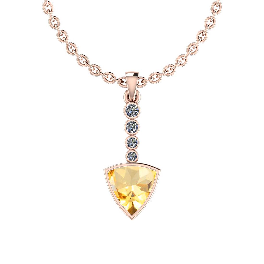 Certified 1.19 Ctw I2/I3 Citrine and Diamond 10k Rose G: Certified 1.19 Ctw I2/I3 Citrine and Diamond 10k Rose Gold Pendant **|**|** Center Stone Approx Weight: 1.10 Ctw (1 pcs Trillion) Center Stone Color: Citrine Center Stone Setting: Bezel Side Stone App