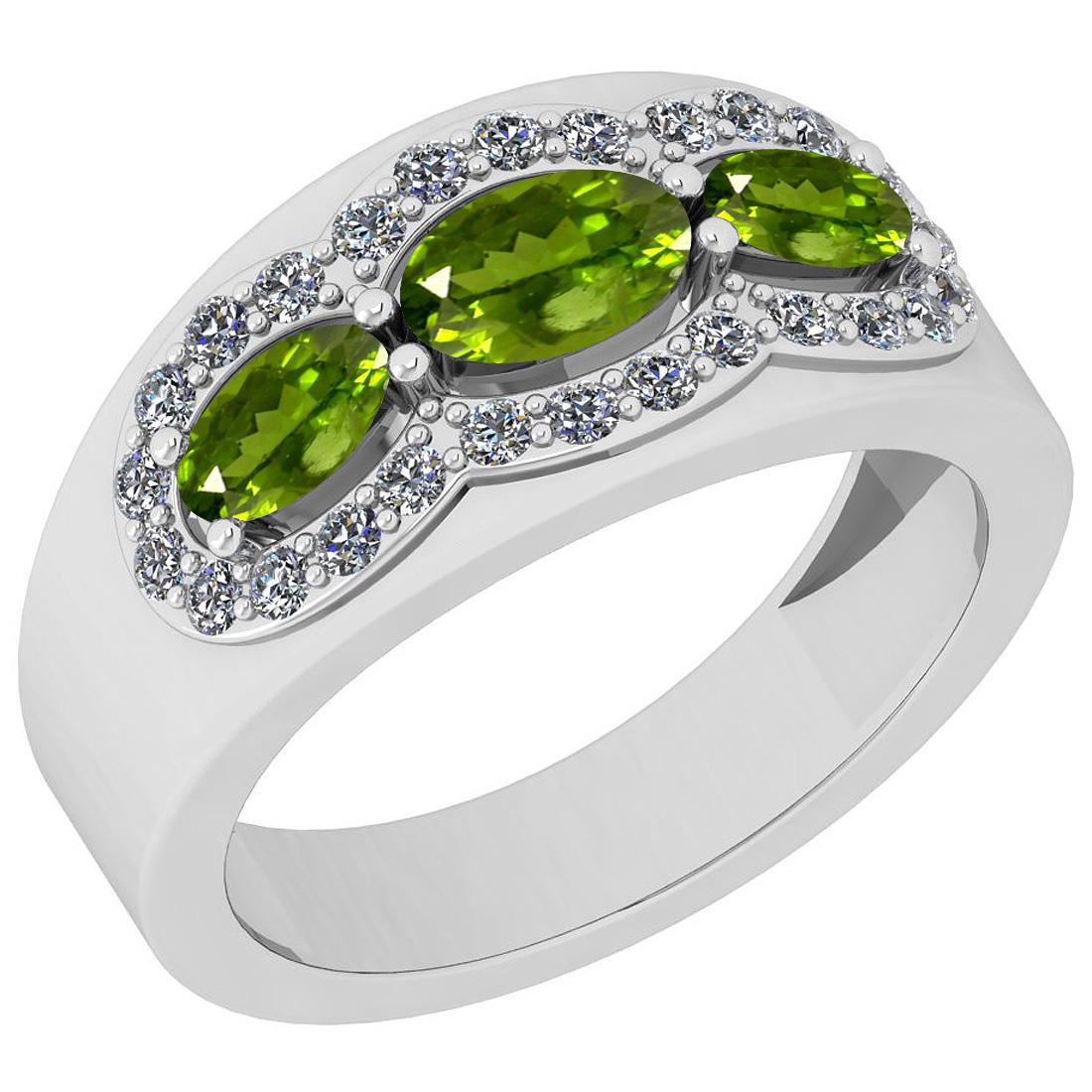Certified 0.95 Ctw I2/I3 Peridot And Diamond 14K White: Certified 0.95 Ctw I2/I3 Peridot And Diamond 14K White Gold three Stone Ring **|**|** Center Stone Approx Weight: 0.75 Ctw (Oval Cut) Center Stone Color: Peridot Center Stone Setting: Prong Side Stone