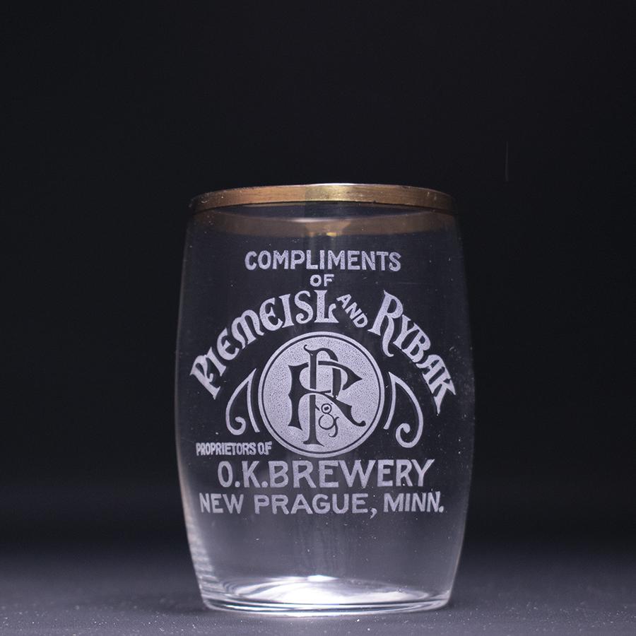 OK Brewery Pre-Prohibition Etched Drinking Glass: Reference: Brewery: Piemeisl and Rybak OK Brewery, New Prague, MN Manufacturer/Plant: