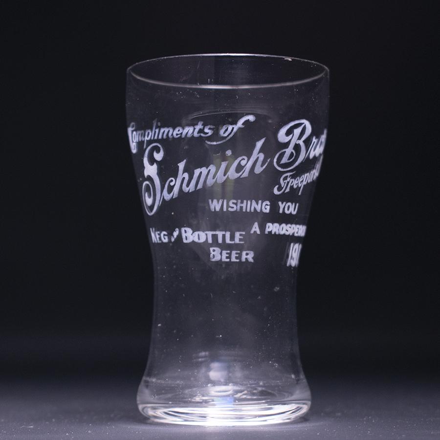 Schmich Bros Pre-Prohibition Etched Drinking Glass: Reference: Brewery: Schmich Bros. Brewing Co., Freeport, IL Manufacturer/Plant: