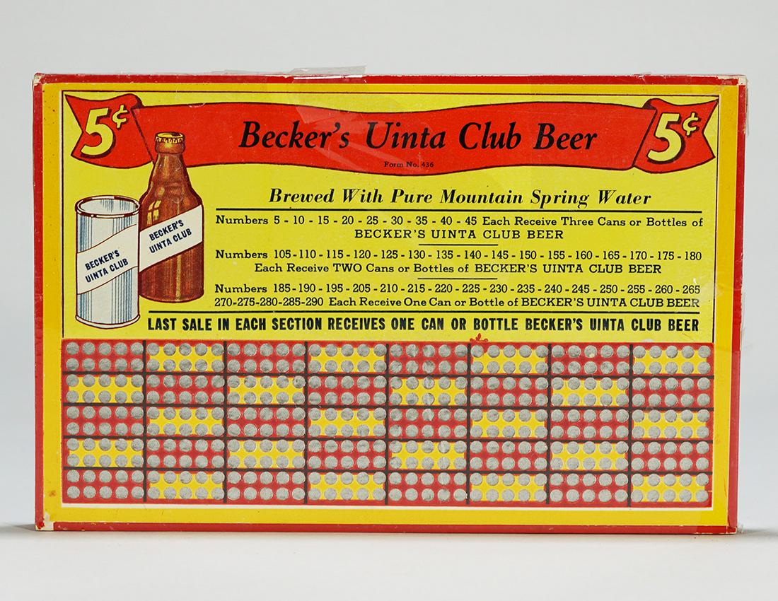 Beckers Uinta Club Beer 5 Cents Can Bottle Salesboard: Reference: n/a Brewery: Becker Products. Ogden, Utah Manufacturer/Plant: