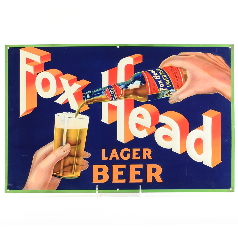 Fox Head Beer 1930s Embossed Tin Sign WOW (1 of 3)