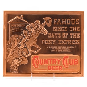 Country Club Beer 1950s Stamped Copper Sign