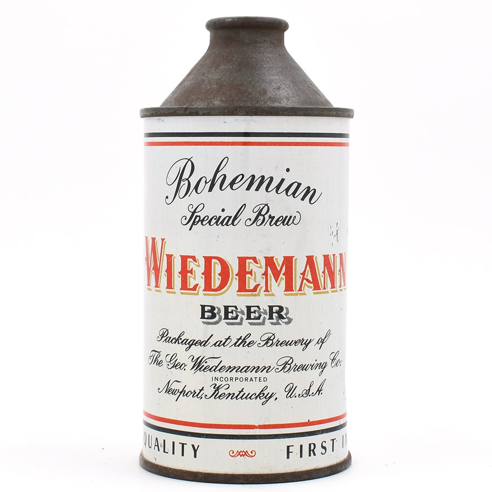 Wiedemann Beer Cone Top NON-IRTP 189-8: Reference: USBC 189-8 Brewery: Geo. Wiedemann Brewing Co., Newport, Kentucky Manufacturer/Plant: <
