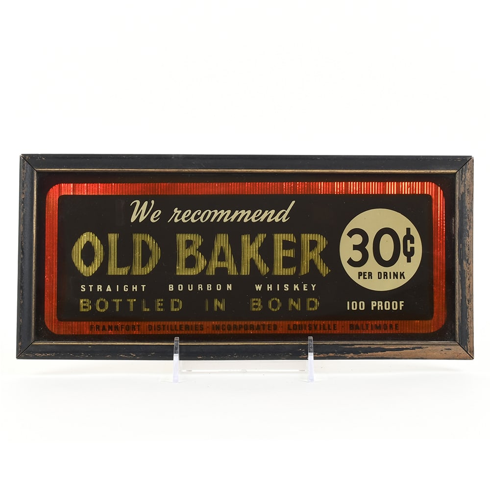 Old Baker Whiskey 1930s Reverse Painted Glass Sign (1 of 2)