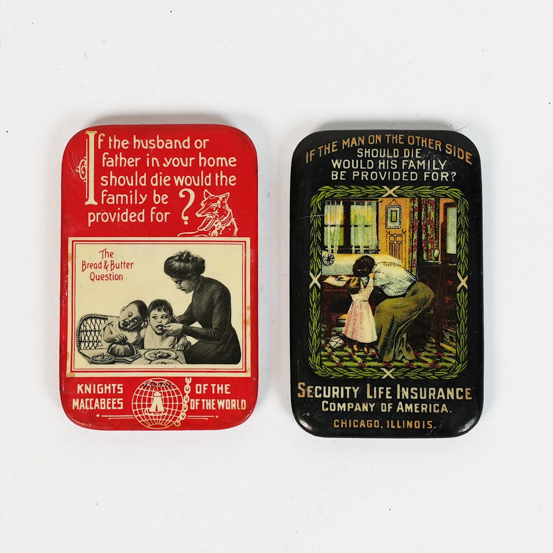 Security and Knights Maccabees Life Insurance Celluloid Over Tin Antique Pocket Mirrors: Business Name: Chicago, Illinois Manufacturer/Plant: See comments/description Date of manufacture: