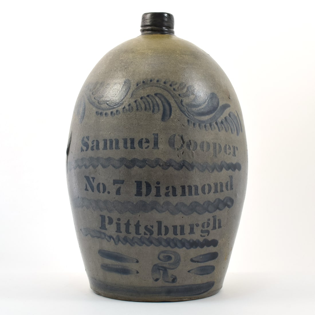 Samuel Cooper Large Pre-Prohibition Ornately Cobalt Decorated Stoneware Jug WOW UPDATED: RESTORATION: Business Name: Samuel Cooper, Pittsburgh, Pennsylvania Manufacturer/Plant: Unknown Date of manufac