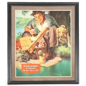 Duquesne Pilsener Fishing Dog Steinie Bottle Scene Sign
