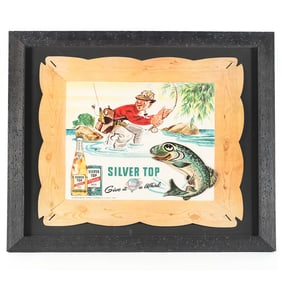 Silver Top Beer 1950s Die Cut Sign FLAT TOP CAN and FISHING