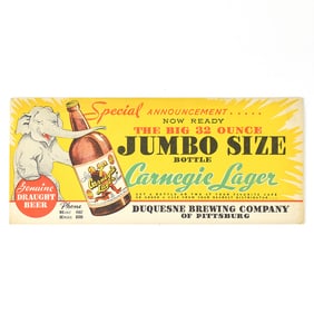 Carnegie Beer 1930s Small Cardboard Ad Card QUART BOTTLE JUMBO SIZE