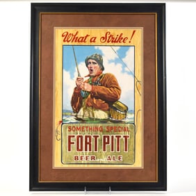 Fort Pitt Beer-Ale 1940s Cardboard Sign FISHING WHAT A STRIKE