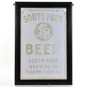 South Fork Beer Pre-Prohibition Etched Milk Glass Sign In Original Brass Frame