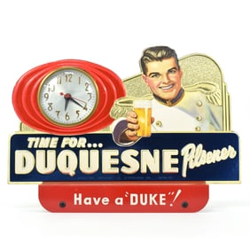 Duquesne Beer 1950s Cash Register Topper Embosograf Clock-Sign TIME FOR DUQUESNE