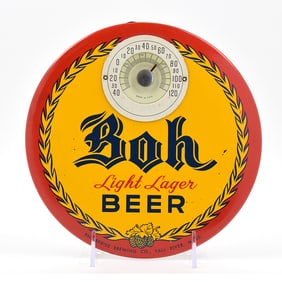 Boh Beer 1950s Tin-Over-Cardboard Button Sign Thermometer