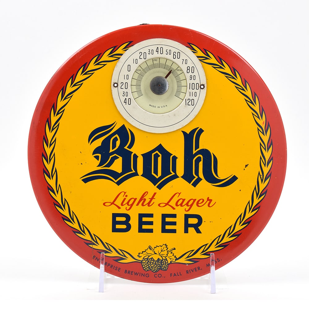 Boh Beer 1950s Tin-Over-Cardboard Button Sign Thermometer (1 of 2)