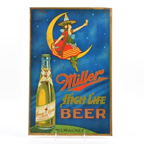 Miller High Life BEER 1930s Tin-Over-Cardboard Sign GIRL ON MOON