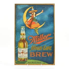 Miller High Life BREW Prohibition Era Tin-Over-Cardboard Sign GIRL ON MOON