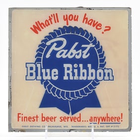 Pabst Bluer Ribbon Beer 1950s Reverse-Painted Glass Sign
