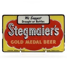 Stegmaier Gold Medal 1950s Beeco Reverse-Painted Glass Sign DRAUGHT-BOTTLES