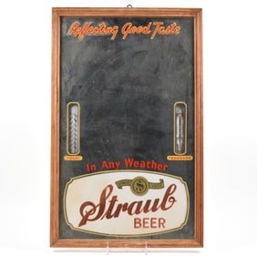 Straub Beer 1940s Mirrored Thermometer-Barometer Sign
