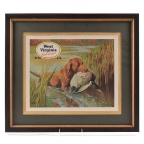 West Virginia Beer 1950s Cardboard Sign DUCK HUNTING DOG RETRIEVING