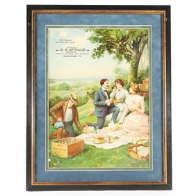 G.A. Straub Liquor Dealer Bottler Gilt Edge Victorian Picnic Chromolithograph RARE SHARP