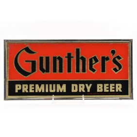 Gunthers Premium Dry Beer 1940s Reverse-Painted Glass Sign