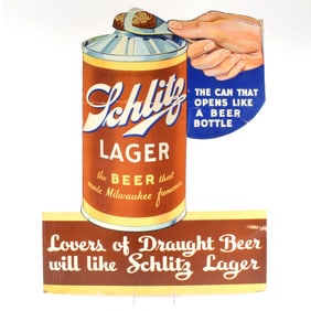 Schlitz Lager Large 1930s Die Cut Cardboard Sign FLAT BOTTOM CONE TOP