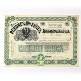 Bergner and Engel Brewing Common Stock Certificate 48 SHARES 1916