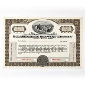 Brackenridge Brewing Co Common Stock Certificate SPECIMEN 1930s
