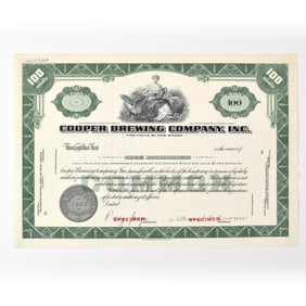 Cooper Brewing Co Common Stock Certificate 100 SHARES SPECIMEN 1933