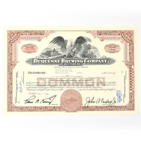 Duquesne Brewing Co Common Stock Certificate 1 SHARE 1968