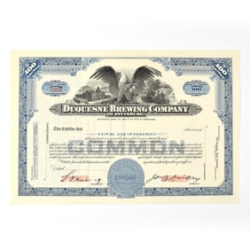 Duquesne Brewing Co Common Stock Certificate 100 SHARES BLUE SPECIMEN