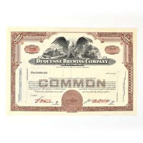 Duquesne Brewing Co Common Stock Certificate LESS THAN 100 SHARES MAROON SPECIMEN