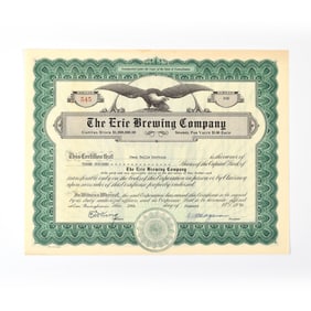 Erie Brewing Co Capital Stock Certificate 1950s 300 SHARES ISSUED