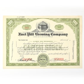 Fort Pitt Brewing Co Capital Stock Certificate 100 SHARES SPECIMEN