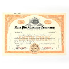 Fort Pitt Brewing Co Capital Stock Certificate LESS THAN 100 SHARES SPECIMEN