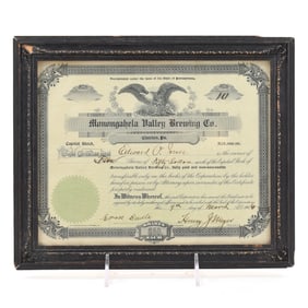 Monongahela Valley Brewing Capital Stock Certificate 10 SHARES 1906