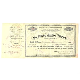 Reading Brewing Company Capital Stock Certificate 1922 CANCELLED